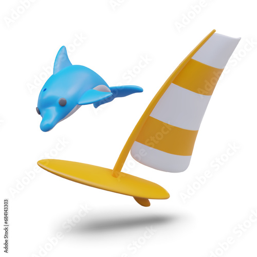 3D blue dolphin, yellow board with sail. Windsurfing concept. Swimming next to dolphins. Active recreation on coast of sea, ocean. Vector summer images