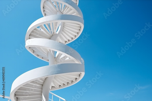 Curved spiral staircase low angle shot against clear blue sky 