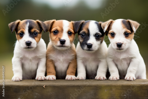 Five Jack Russell-Border Terrier pups sit attentively in a row 