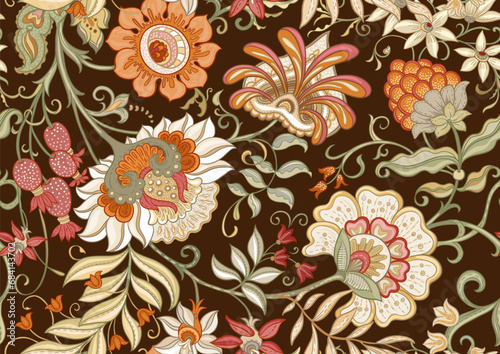 Fantasy flowers in retro, vintage, jacobean embroidery style. Seamless pattern, background. Vector illustration.
