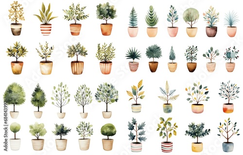 watercolor painting style illustration of foliage pot plants collection set, isolated on white background, Generative Ai 