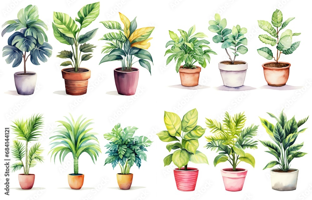 watercolor style illustration of various type of tropical foliage pot plant summer collection set isolated on white background, Generative Ai