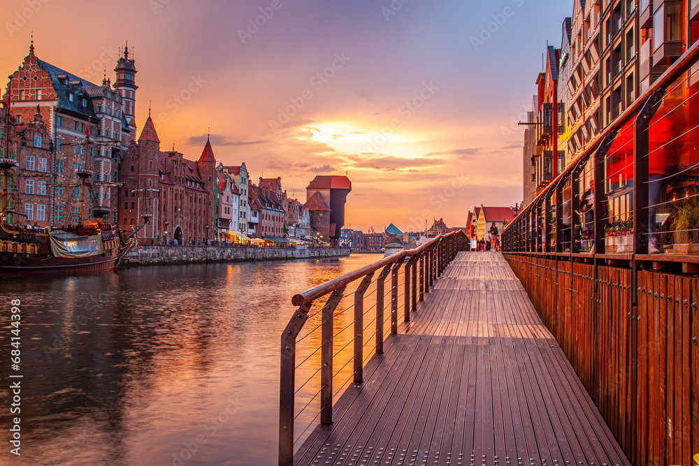 Gdansk beautiful old town over Motlawa river at sunset, Poland - obrazy, fototapety, plakaty 