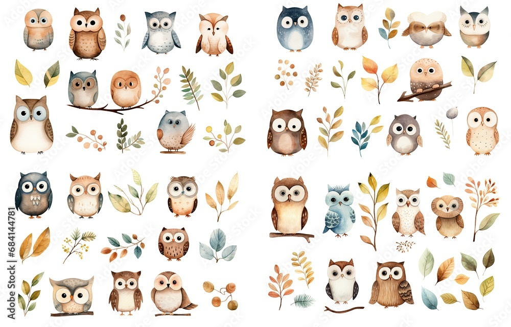 Obraz premium watercolor style illustration of cute owl bird and autumn foliage, winter and fall collection set isolated on white background, Generative Ai