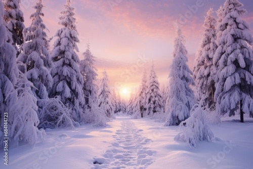 Winter Wonderland: A Majestic Ensemble of Snow-Covered Trees at Sunrise Generative AI © monsifdx