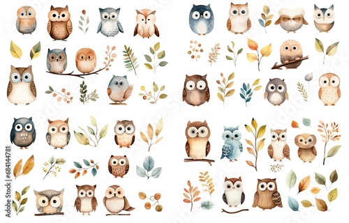 watercolor style illustration of cute owl bird and autumn foliage, winter and fall collection set isolated on white background, Generative Ai