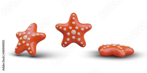 Vector starfish in different positions. 3D object, view vertically, horizontally, at angle. Set of templates for decorating seabed. Find on beach. Summer trips to coast