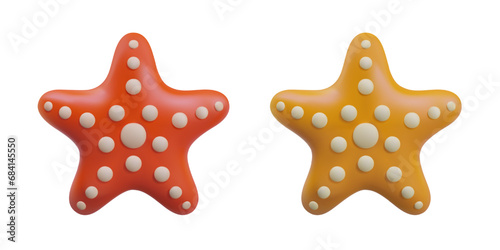 Collection with different starfish with white elements. Decorative red and orange starfish. Ocean animal concept. Vector illustration in 3d style with white background
