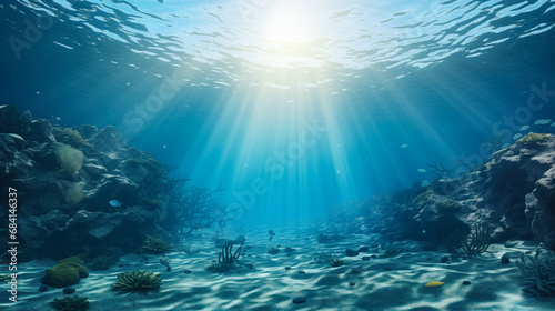 The rays of the sun break through the water in the ocean. © Boris