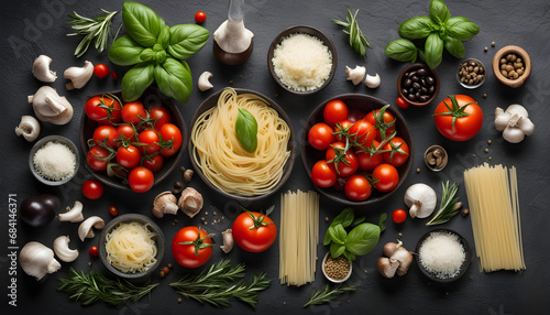 Italian food background, with vine tomatoes, basil, spaghetti, mushrooms, olives, parmesan photo