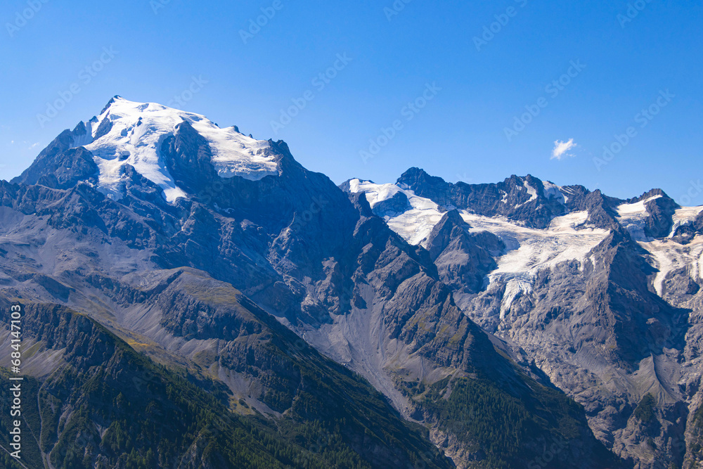panoramic view to Ortles Mountain range from Furkelhuette, Trafoi, Italy