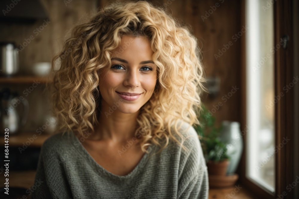 Fototapeta premium Attractive curly blonde young Woman holding a cup of coffee. Drink morning. A girl in a cozy house drinks a warm drink.