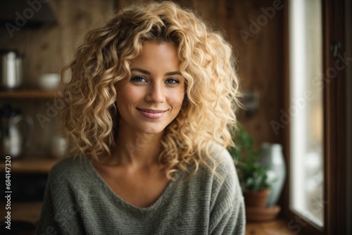 Attractive curly blonde young Woman holding a cup of coffee. Drink morning. A girl in a cozy house drinks a warm drink.