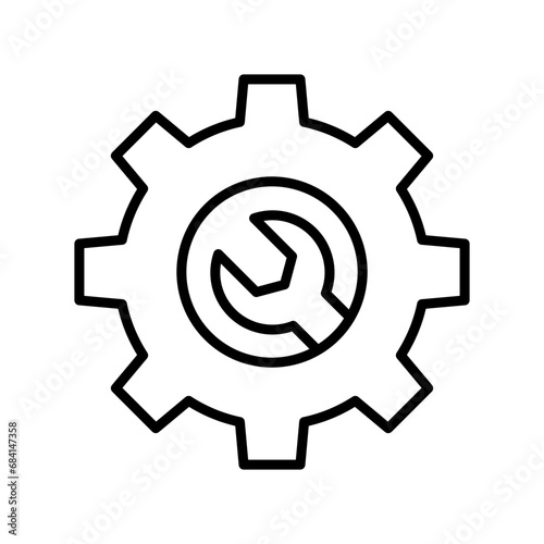Gear with wrench icon, Maintenance service tool symbol, Setting and repair sign, Line design, Isolated on white background, Vector illustration