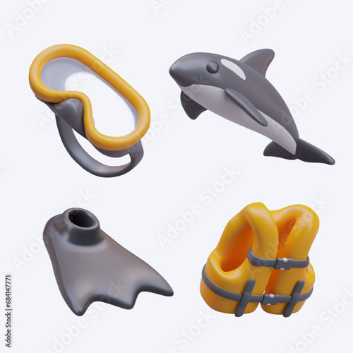 Collection with realistic glasses, killer whale, fin, and life vest on white background. Equipment for swimming and underwater exploring. Vector illustration in 3d style