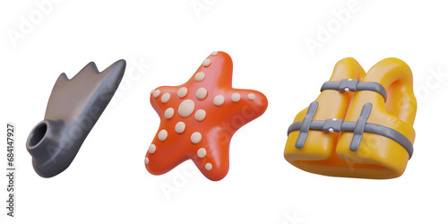 Black fin, red starfish, yellow life jacket. Concept of diving under water. Interesting and safe vacation at sea resort. Study of ocean floor. Scuba diving