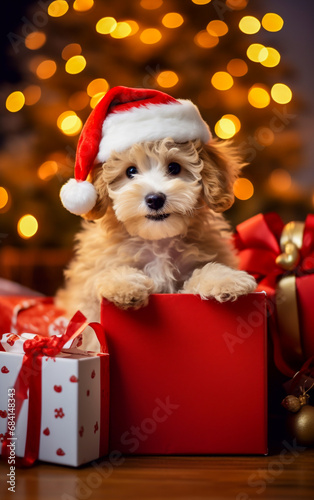 An adorable dog with Santa Claus hat peek out from Christmas gift box © Giordano Aita