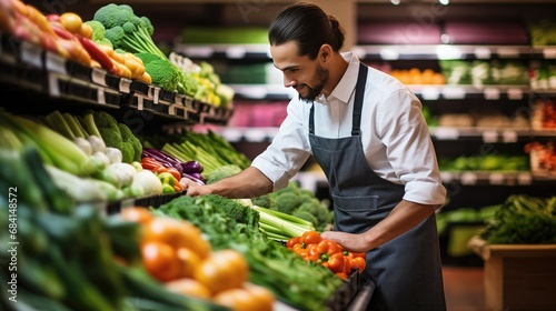 Fototapeta Naklejka Na Ścianę i Meble -  A well-stocked grocery store produce section with vibrant, hyper-realistic fruits and vegetables. Meticulously arranged, it's a colorful and enticing display of fresh, healthy, and organic options.