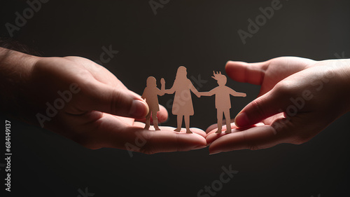 Adult and children hands holding paper family cutout fami 
 photo