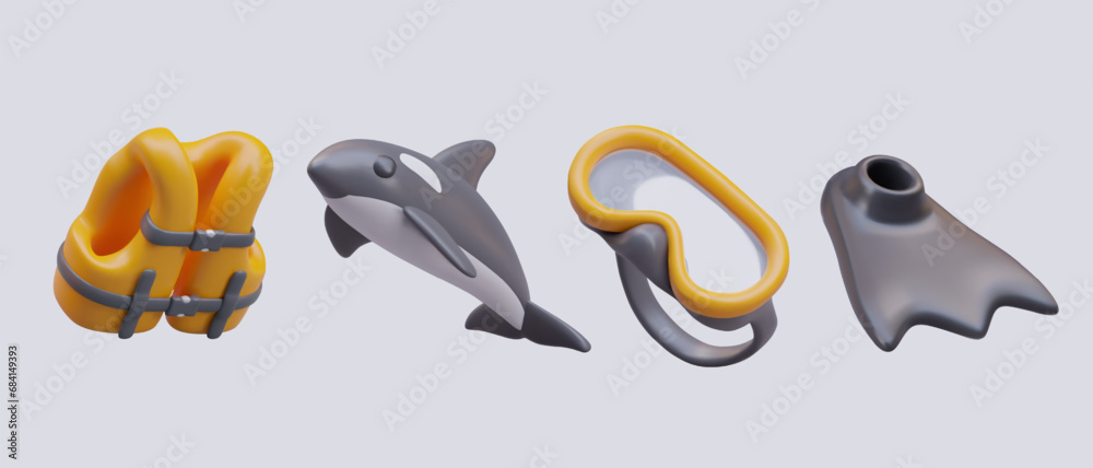 Naklejka premium Collection with life vest, glasses and fin, realistic killer whale on gray background. Sea ​​exploration, excursion to sea inhabitants. Vector illustration in 3d style