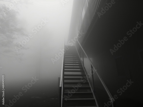 Mysterious fog engulfs a high-angle staircase, creating an ethereal and haunting atmosphere. The misty haze adds an enigmatic touch to this surreal, hyper-realistic image