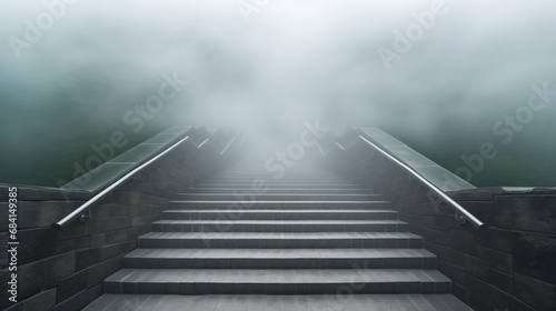 Misty staircase engulfed in fog, captured in hyper-realistic UHD quality. High-angle view reveals intricate details and sharp focus, creating a misty atmosphere with depth and mystery © Aidas