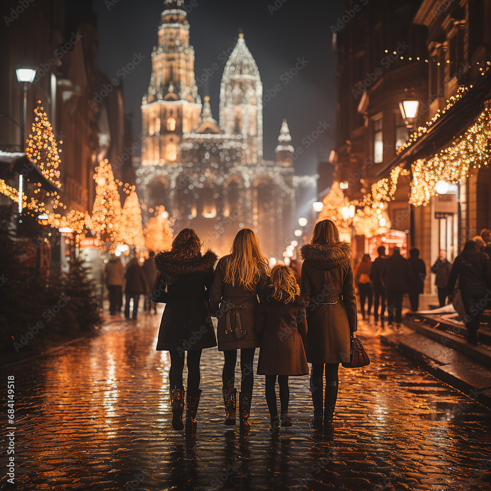 Women walking on the street in front of some Christmas trees Women walking on the street in front of some Christmas trees