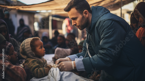 Volunteer doctors provide medical care to refugee children on the hot streets of the refugee camp photo
