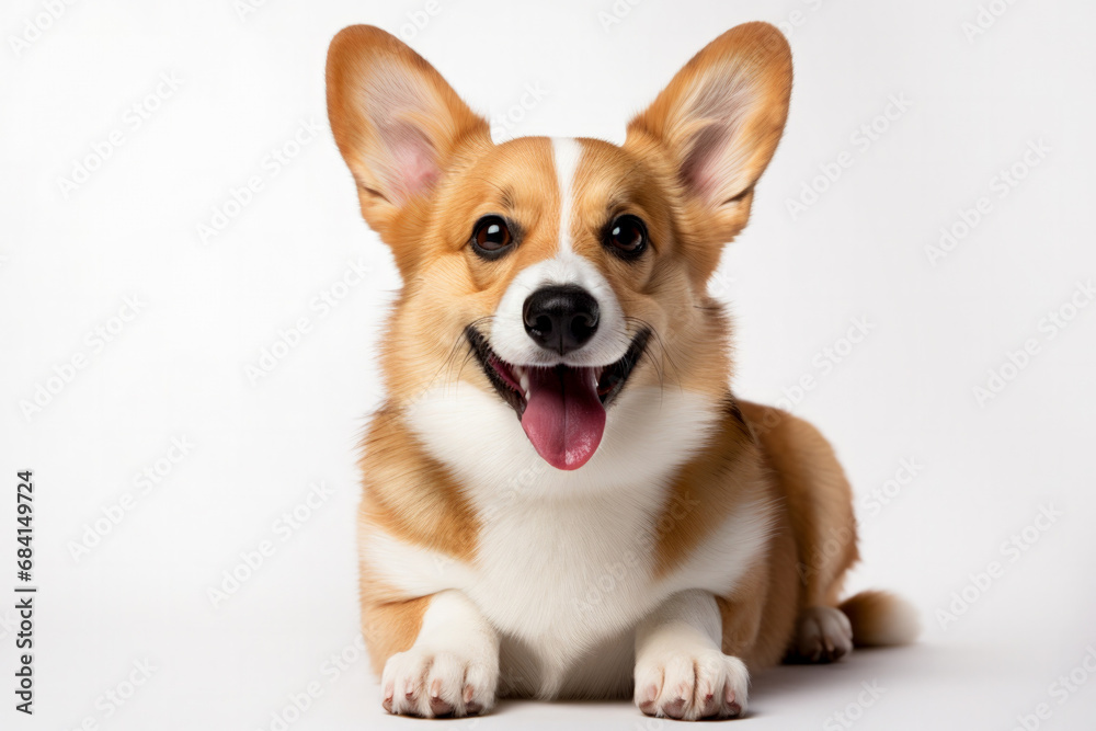 Welsh Corgi sits against a white backdrop embodying compact grace 