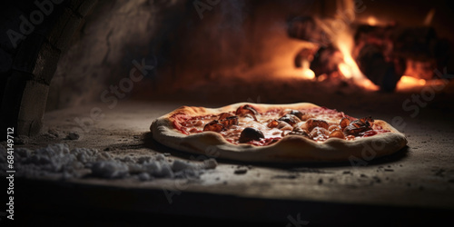 A fresh hot italian pizza from the stone oven with cheese, brown crust and delicious toppings on a dark and moody background