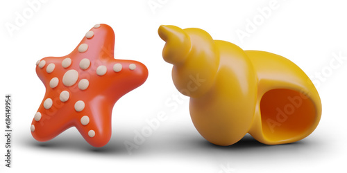 Collection with twisted yellow shell and red starfish with shadow on white background. Ocean flora concept. Vector illustration in 3d style with white background