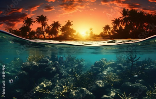 Vibrant underwater sunset in a tropical paradise. Sharp focus, rich colos. Captivating beauty of the underwater world.