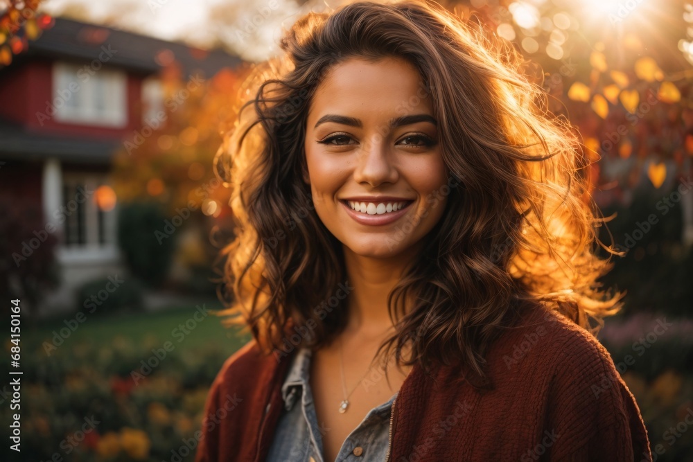 Smiling young brunette posing at a beautiful garden looking at the camera during late autumn sunset with a sun flares in the background, surrounded by friends and relatives.