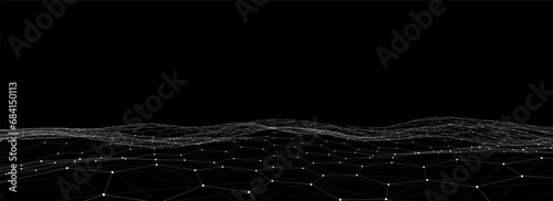Abstract technology hexagon wave with motion dots and lines. Dark cyberspace in digital background. Dynamic cyber hexagon mesh. Medical backdrop. Futuristic wireframe texture. 3D rendering.