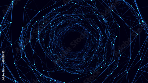 Fototapeta Naklejka Na Ścianę i Meble -  Futuristic vector sci-fi circle portal in space. 3D ai tunnel with dots and lines. Abstract digital wormhole data. Flow particle by funnel. Fantasy circle vortex on dark background.