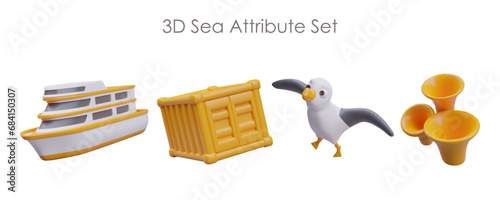 3d sea attribute set. Realistic cruise, yellow container with cargo, seagull, and corals. Horizontal poster with place for text. Vector illustration with white background
