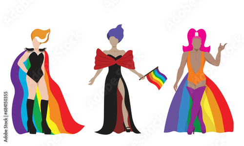 Three gorgeous drag queens with colorful rainbow cape for LGBTQ+ concept and for equality and diversity supporting. Vector illustration flat charactor on white background