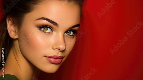 Attractive woman with captivating green eyes  against a striking red background. Vibrant colors and intense gaze make this portrait alluring and eye-catching. Perfect for fashion