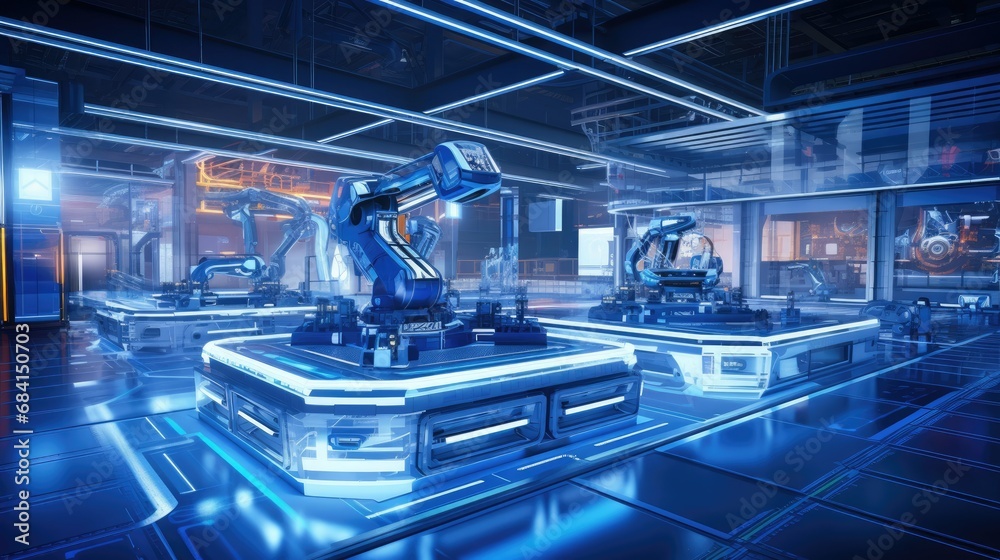Futuristic industrial facility with robotic arms and LED displays. Spacious, modern, and high-tech atmosphere with blue-tinted lighting Futuristic industrial facility with robotic arms and LED displays. Spacious, modern, and high-tech atmosphere with blue-tinted lighting