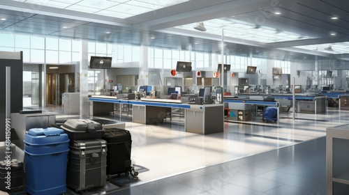 Airport security checkpoint with diligent security officers in uniforms conducting efficient passenger screening and baggage inspection. Sense of safety and efficiency photo