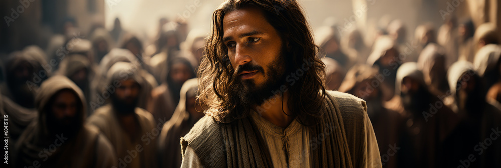Jesus instructs followers viewed from behind 
