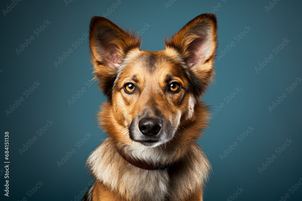 Mixed-breed canine sits poised against a stark white backdrop 