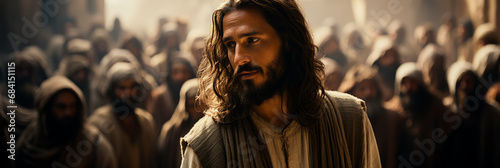 Jesus instructs followers viewed from behind 