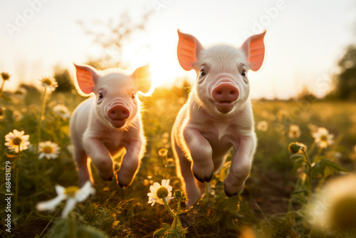 Playful piglets stroll together; endearing whimsical animal portraits abound 