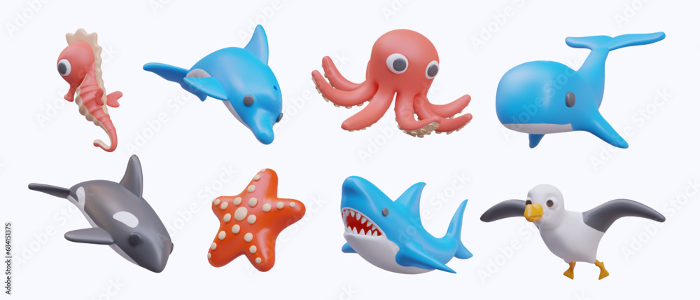 Large collection of sea and ocean fauna in cartoon style. 3D seahorse, dolphin, octopus, whale, orca, starfish, shark, seagull. Color vector illustration