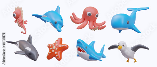 Large collection of sea and ocean fauna in cartoon style. 3D seahorse, dolphin, octopus, whale, orca, starfish, shark, seagull. Color vector illustration