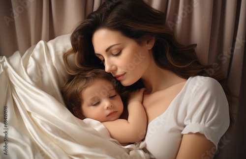 a lady is holding a baby in bed