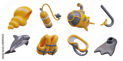 Set with realistic equipment for diving. Killer whale, yellow submarine, kit for underwater swimming, and realistic marine underwater twisted shell and life jacket. Vector illustration in 3d style