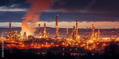 Oil refinery factory at night  illuminated towers  fiery flares  industrial skyline