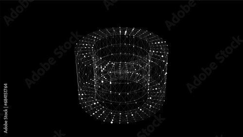 3D futuristic vector geometric shape with dots and lines. Structure technology network connection. Abstract wireframe twist form. Ai in dark cyberspace background.